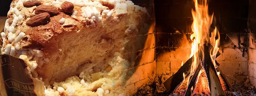 Colomba cake and fireplace.